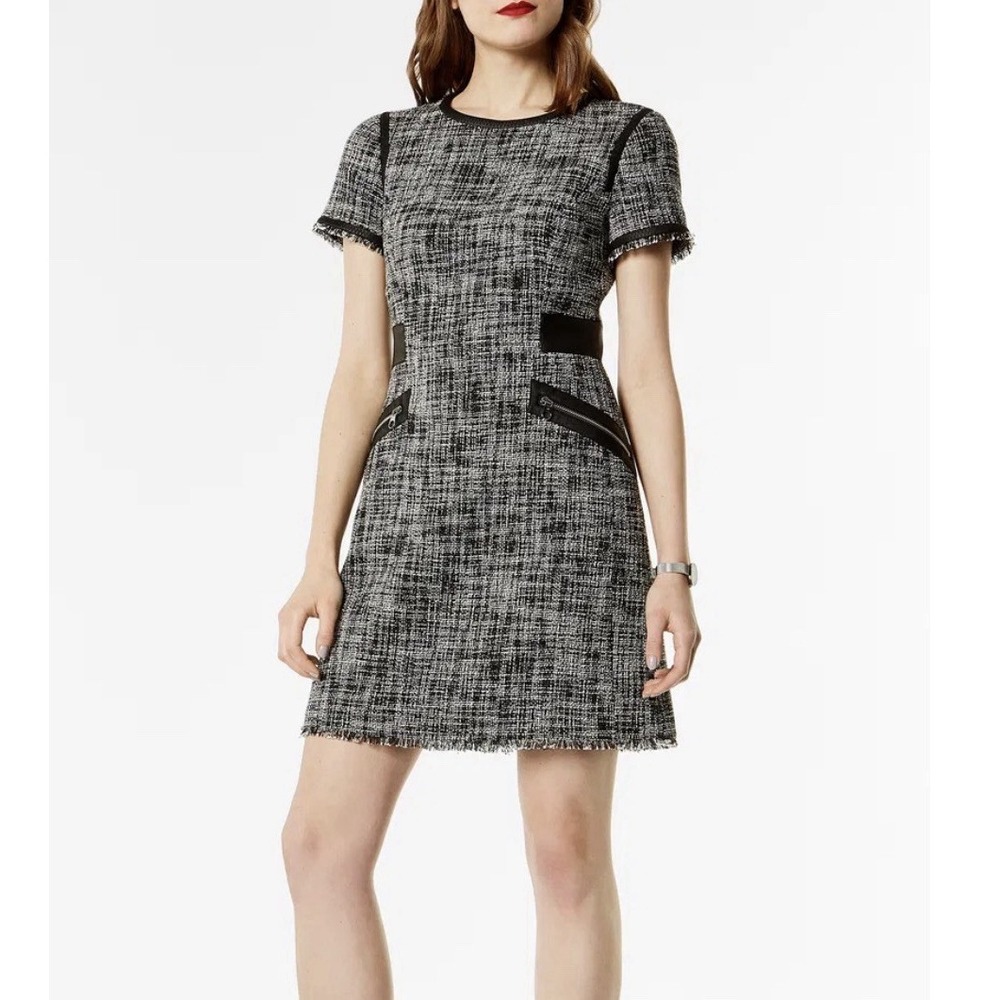 Karen Millen Monochrome Tweed Dress Black Faux Leather Trim 4 UK8 Office Retro